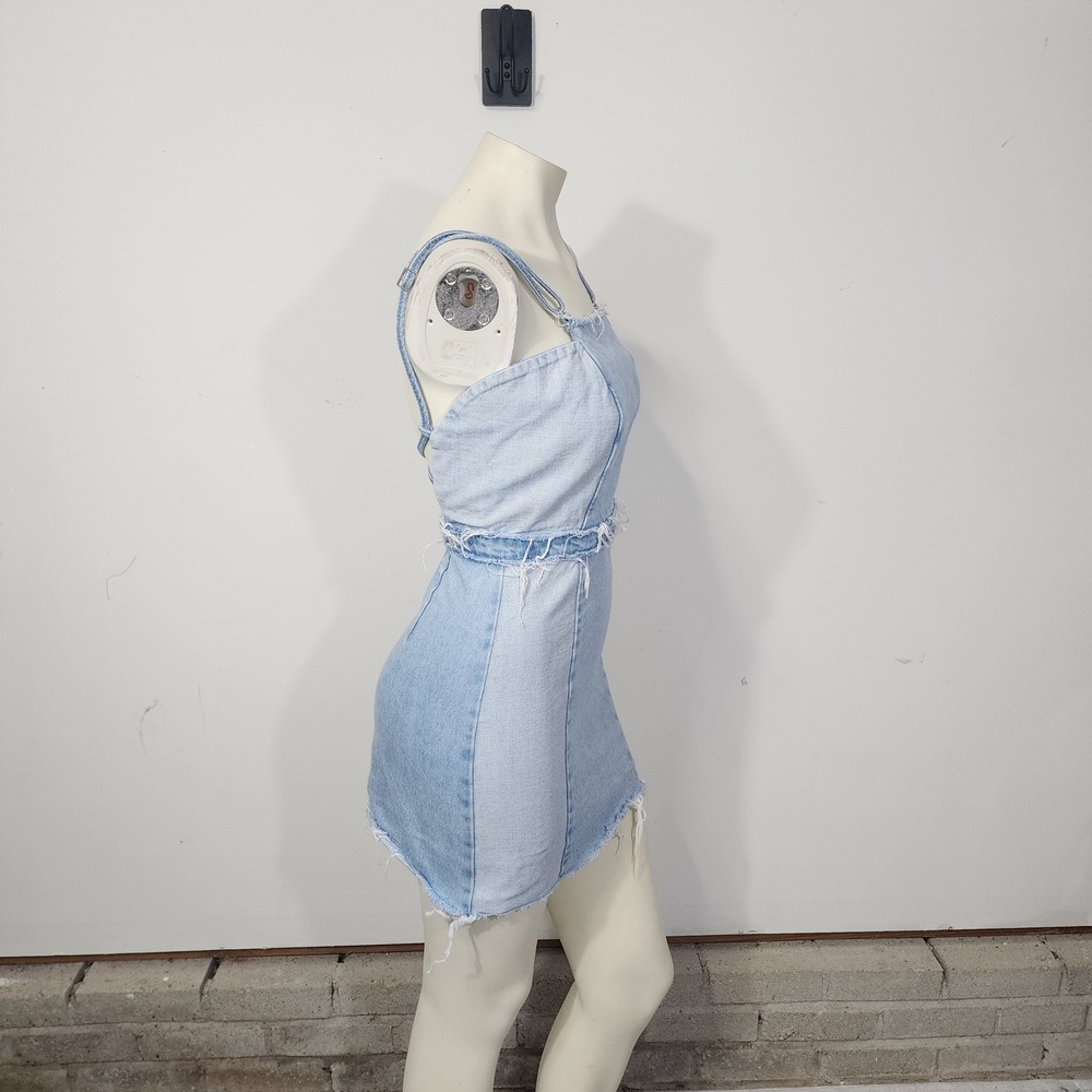 Zara TRF Denim Makers Light Wash Mini Dress XS distressed Open Back cotton - Picture 5 of 13
